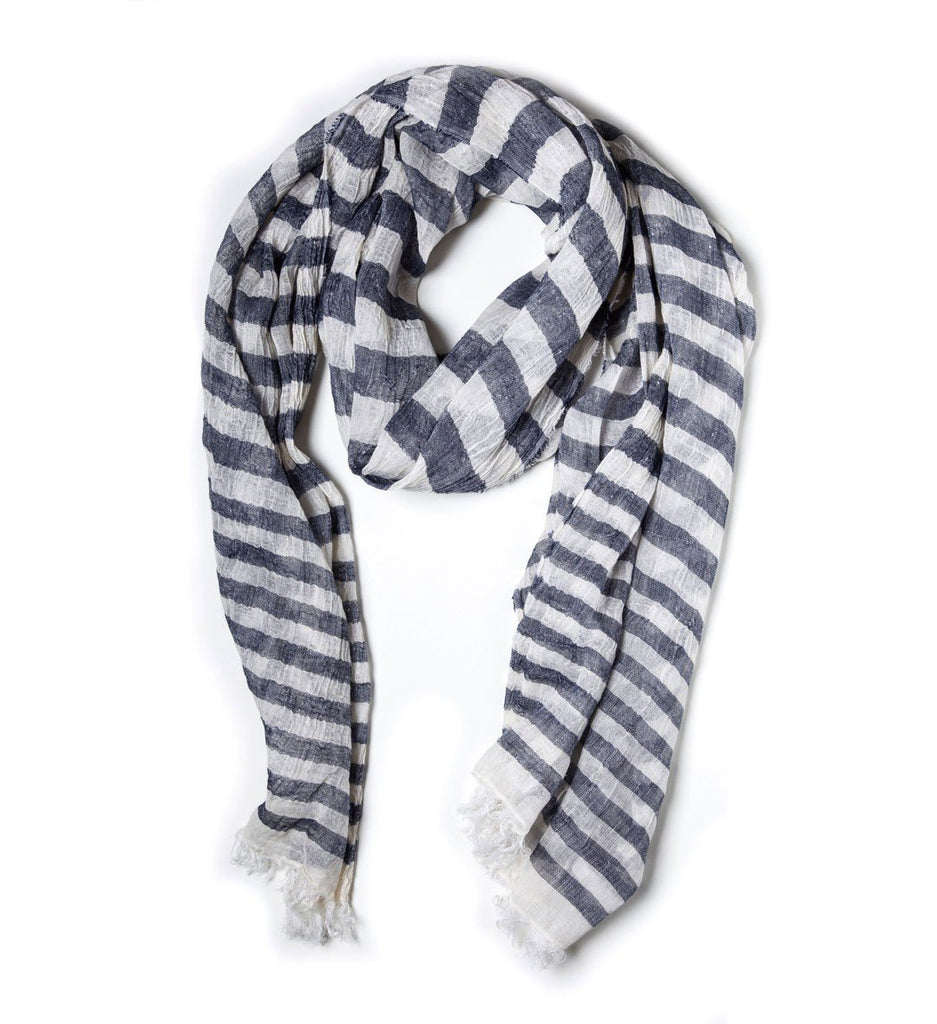 Linen and Cotton Scarf, narrow stripes, Blue & White – Jill Milan
